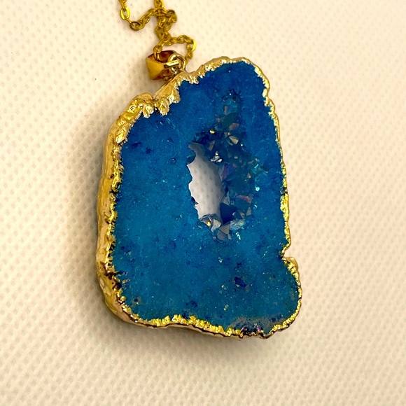 Natural Geode Stone & Crystal Quartz Good Morning Blue & God's Debut Necklace 5c - Picture 5 of 14